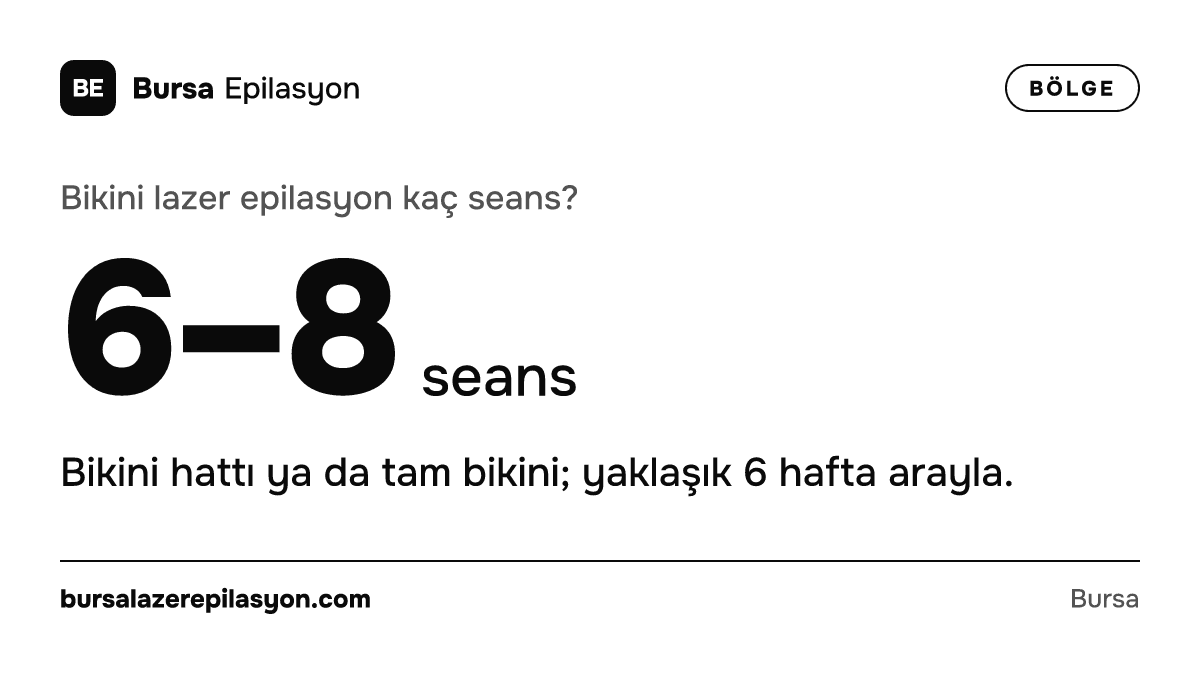 Bikini lazer epilasyon kaç seans? 6–8 seans. Bikini hattı ya da tam bikini; yaklaşık 6 hafta arayla.