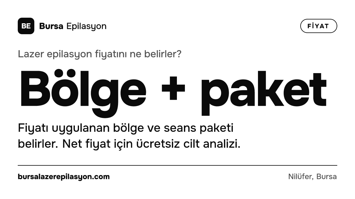Lazer epilasyon fiyatını ne belirler? Bölge + paket. Fiyatı uygulanan bölge ve seans paketi belirler. Net fiyat için ücretsiz cilt analizi.