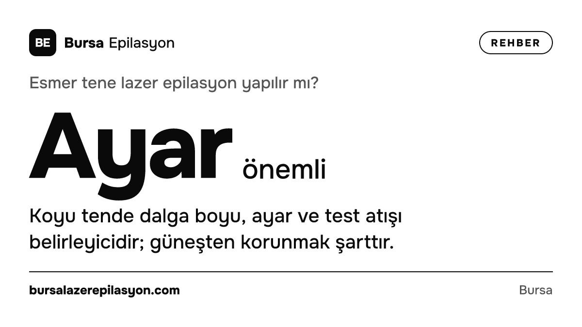 Esmer tene lazer epilasyon yapılır mı? Ayar önemli. Koyu tende dalga boyu, ayar ve test atışı belirleyicidir; güneşten korunmak şarttır.