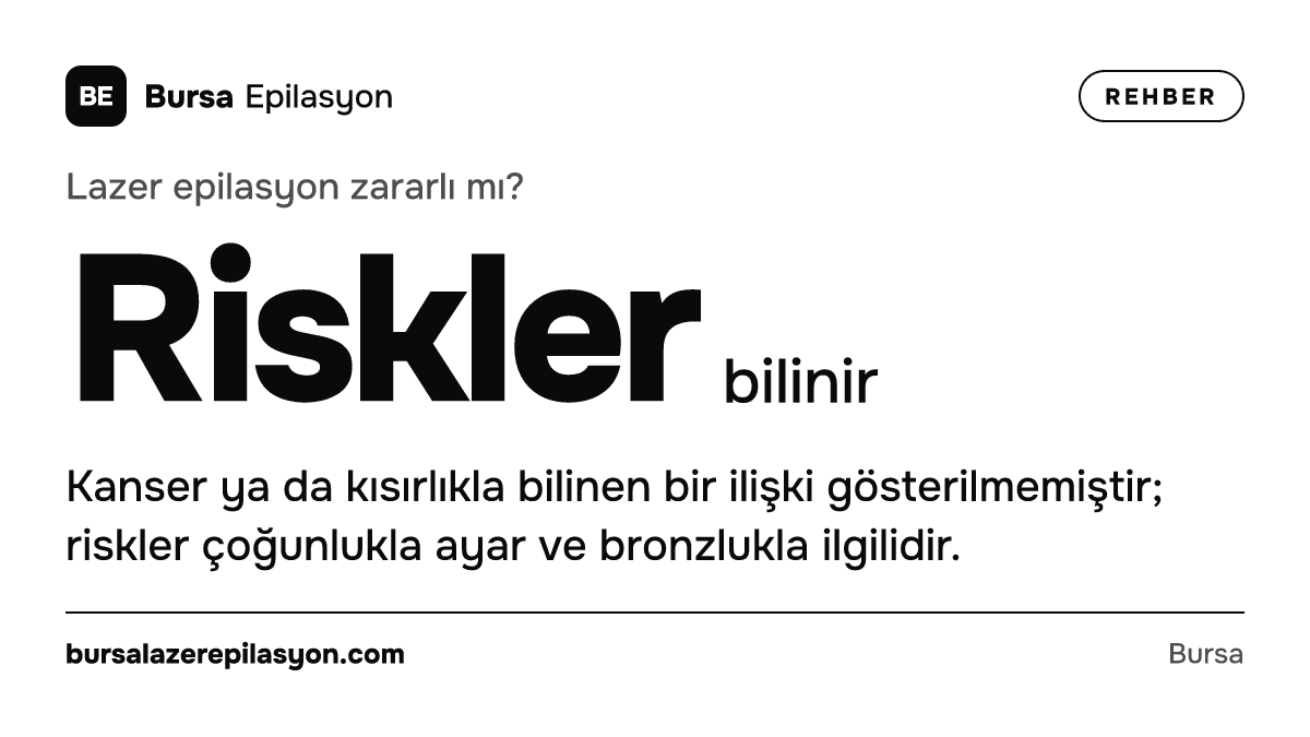 Lazer epilasyon zararlı mı? Riskler bilinir. Kanser ya da kısırlıkla bilinen bir ilişki gösterilmemiştir; riskler çoğunlukla ayar ve bronzlukla ilgilidir.