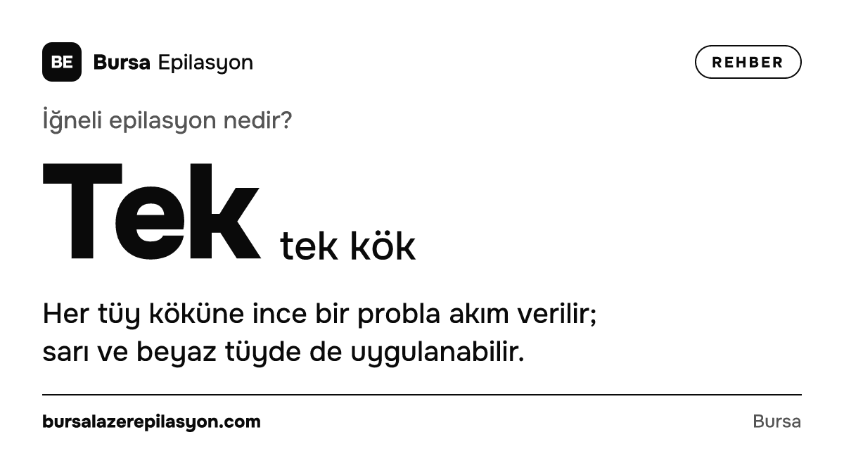İğneli epilasyon nedir? Tek tek kök. Her tüy köküne ince bir probla akım verilir; sarı ve beyaz tüyde de uygulanabilir.